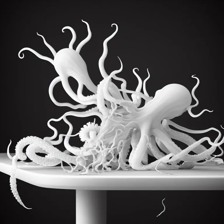 Prompt: still life of white flowers on a table, white alien squid, white octopus, , surreal alien ribbed white fruit, white human spine, baroque painting, beautiful detailed intricate insanely detailed octane render trending on Artstation, 8K artistic photography, photorealistic, chiaroscuro, Raphael, Caravaggio beautiful BW monochrome