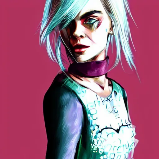 Prompt: Beautiful concept art of a character inspired by Cara Delevigne with white hair wearing a magenta top