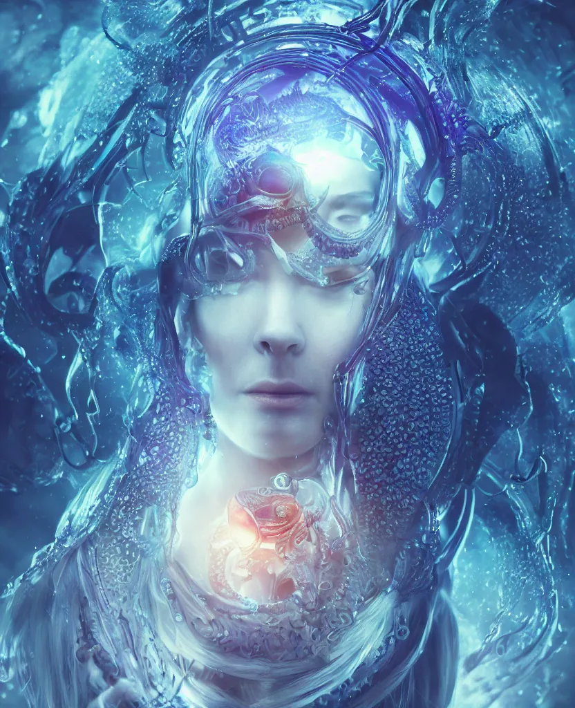 Prompt: epic medieval futuristic close-up macro portrait of the face of a beautiful princess, epic angle and pose, symmetrical artwork, 3d with depth of field, blurred background, cybernetic jellyfish female face skull phoenix bird, translucent, nautilus, energy flows of water and fire. a highly detailed epic cinematic concept art CG render. made in Maya, Blender and Photoshop, octane render, excellent composition, cinematic dystopian brutalist atmosphere, dynamic dramatic cinematic lighting, aesthetic, very inspirational, arthouse. y Greg Rutkowski, Ilya Kuvshinov, WLOP, Stanley Artgerm Lau, Ruan Jia and Fenghua Zhong