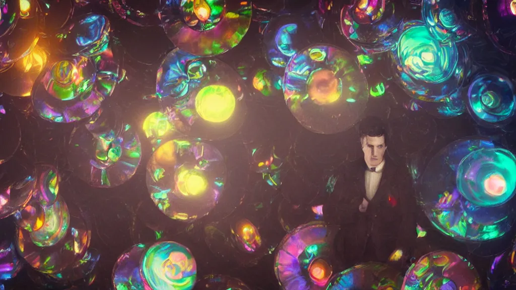 Prompt: swarm of colorful glowing iridescent discs surrounding a victorian man, by greg rutkowski