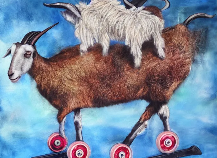 Prompt: a mixed media painting of a goat on roller blades, 4 k, ultra realistic, highly detailed, epic lighting