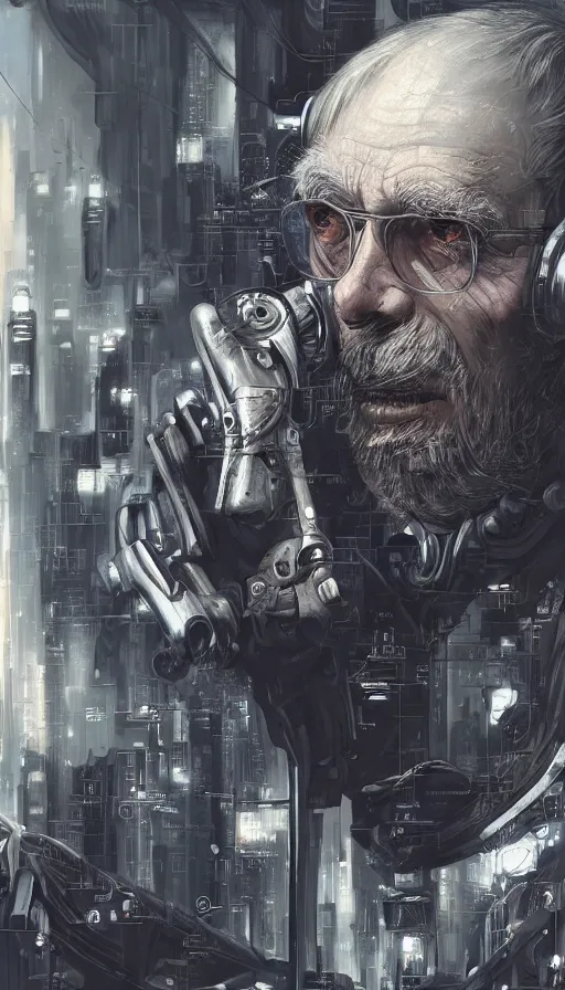 Prompt: masterpiece ultra realistic illustration of an old man cyborg, cyberpunk, sci-fi fantasy