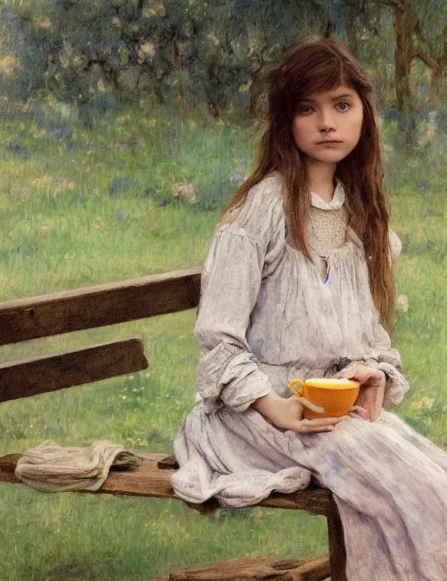 Image similar to portrait of peasant girl sitting on a bench and drinking milk, cottage core, cinematic focus, polaroid photo bleached vintage pastel colors high - key lighting, soft lights, foggy, by steve hanks, by lisa yuskavage, by serov valentin, by tarkovsky, 8 k render, detailed, oil on canvas