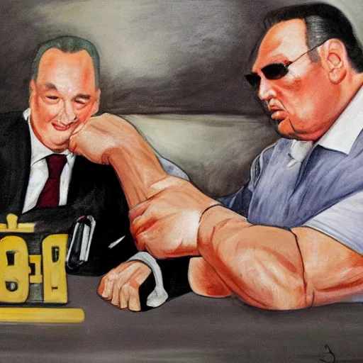 Image similar to Bertie Ahern arm wrestling Steven seagal photorealistic in the style of ansel adams