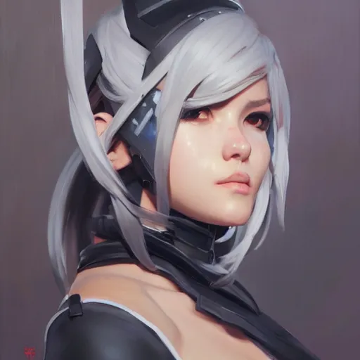 Image similar to greg manchess portrait painting of yorha type a no. 2 as overwatch character, medium shot, asymmetrical, profile picture, organic painting, sunny day, matte painting, bold shapes, hard edges, street art, trending on artstation, by huang guangjian and gil elvgren and sachin teng