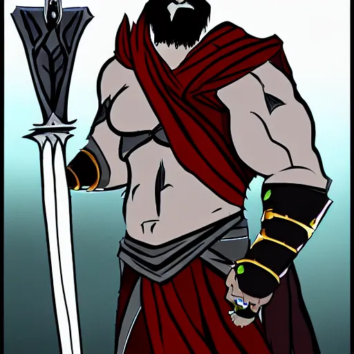 Image similar to kratos in the game hades, still from the game, cel shaded, cartoon style