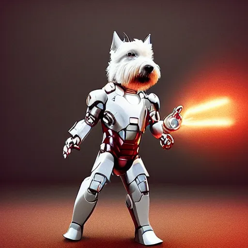 Prompt: “An anthropomorphic West-Highland-White-Terrier iron man, upright full body shot, UHD, hyperrealistic render, 4k, cyberpunk”