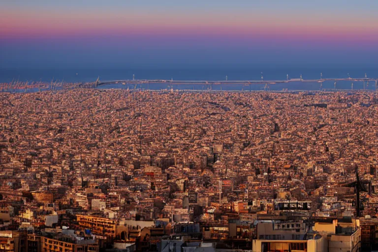 Prompt: views of catastrophic barcelona covered with water and refugees in buildings, global warming, sunset lighting, photo real