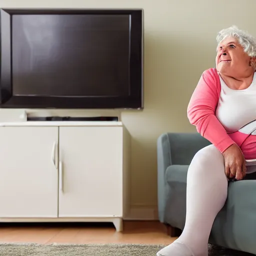 Image similar to an old lady watching a fat person on tv, photography, living room,