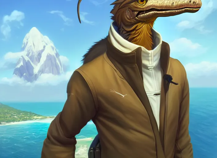 Image similar to character portrait feature of the anthro male anthropomorphic velociraptor fursona wearing airline pilot outfit uniform professional pilot character design stylized by charlie bowater, ross tran, artgerm, and makoto shinkai, detailed, soft lighting, rendered in octane, maldives in background