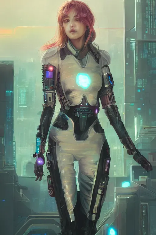 Image similar to portrait futuristic Cyber warrior Girl, in future cyberpunk tokyo rooftop , ssci-fi, fantasy, intricate, very very beautiful, elegant, neon light, highly detailed, digital painting, artstation, concept art, smooth, sharp focus, illustration, art by WLOP and tian zi and alphonse mucha