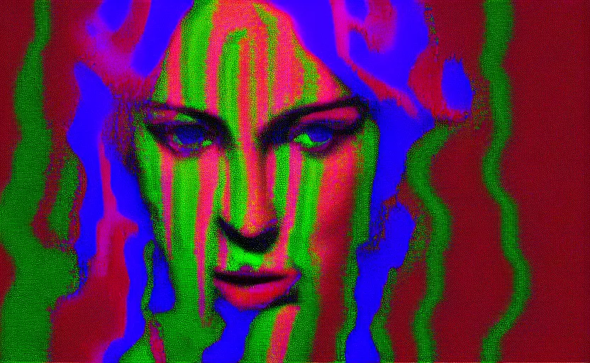 Prompt: vhs video glitch of a pixelated portrait of a strange woman hidden underneath a bedsheet, by bekinski, unsettling moody vibe, vcr tape, 1 9 7 0 s analog video, vaporwave aesthetic, directed by david lynch, colorful static, datamosh, pixel stretching