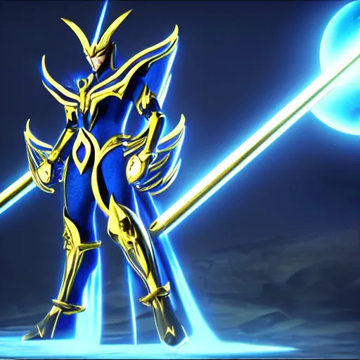 Image similar to full shot of angry darkness Saint Seiya knight at moonlight, wearing golden Cat armor, inspired by Masami Kurumada, detailed, unreal engine 4k volumetric light, fog,