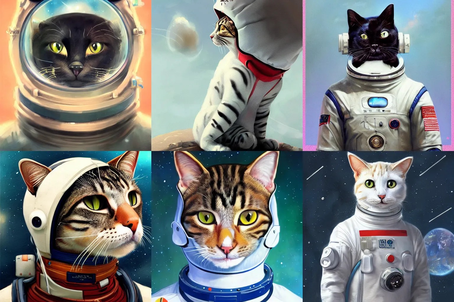 Image similar to head and shoulders masterpiece portrait of a cat wearing a spacesuit, surreal background, digital art by Krenz Cushart, trending on artstation, cgsociety,