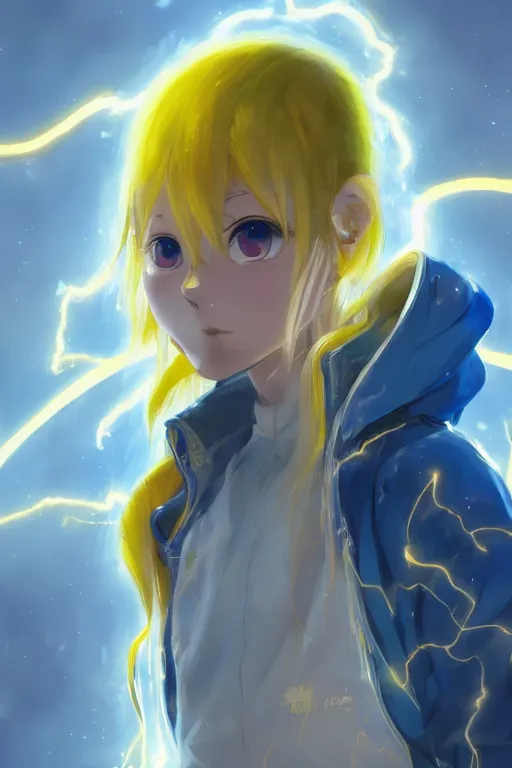 Prompt: anime young girl with yellow ponytail and blue hairtie wearing white and blue long jacket in a confident stance surrounded by lightning streaks, wlop, concept art, digital painting, trending on artstation, highly detailed, epic composition, 8 k uhd