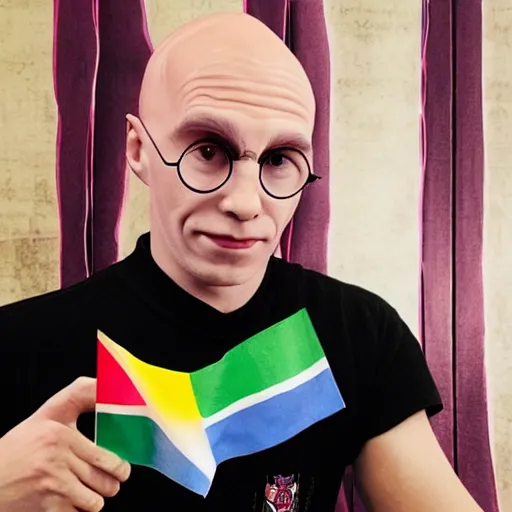 Prompt: harry potter hugging voldemort pride flag in background