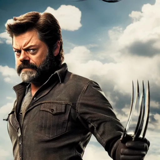 Prompt: logan pictured as nick offerman in wolverine x - men suit, marvel movie still, detailed 8 k, imdb poster style