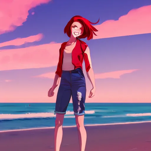 Image similar to character deisgn by lois van baarle, artgerm, helen huang, by makoto shinkai and ilya kuvshinov. cute scarlet red haired cybertronic woman, steel gray body, denim shorts, jacket, wandering at beach at sunset, pretty smile, elegant, octane render, exaggerated proportions, looking at camera