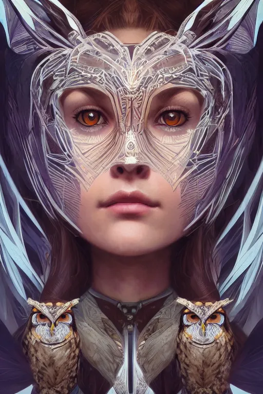 Image similar to symmetry!! portrait of woman with owl features in the style of horizon zero dawn, machine face, intricate, elegant, highly detailed, digital painting, artstation, concept art, smooth, sharp focus, illustration, art by artgerm and greg rutkowski and alphonse mucha, 8 k