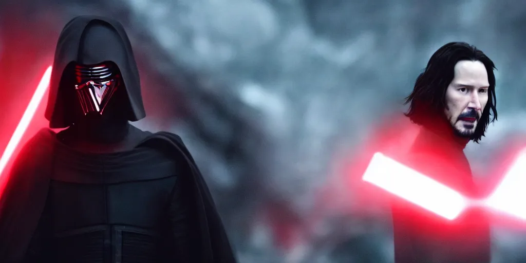 Prompt: keanu reeves as Kylo Ren, cinematic, ultrawide angle, night