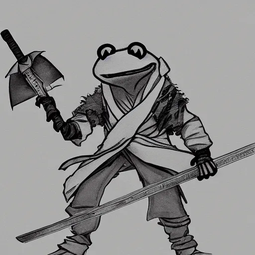 Prompt: Kermit the frog as an anime samurai, style of afro samurai, Key Frame, Top rated of pixiv, High Detail, Medium Shot, Dusk