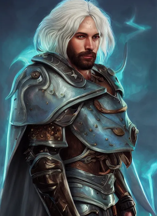 Prompt: an epic fantastic realism comic book style portrait painting of an aasimar paladin, male, big angel wings on back, shaggy silver hair, short brown beard, d & d concept art, unreal 5, daz, teal aesthetic, octane render, cosplay, rpg portrait, dynamic lighting