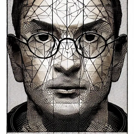 Image similar to portrait, a powerful alchemist, detailed golden tarot card, Geometric, Halftone, Hyperrealistic, Render, in the style of Jonathan Yeo,