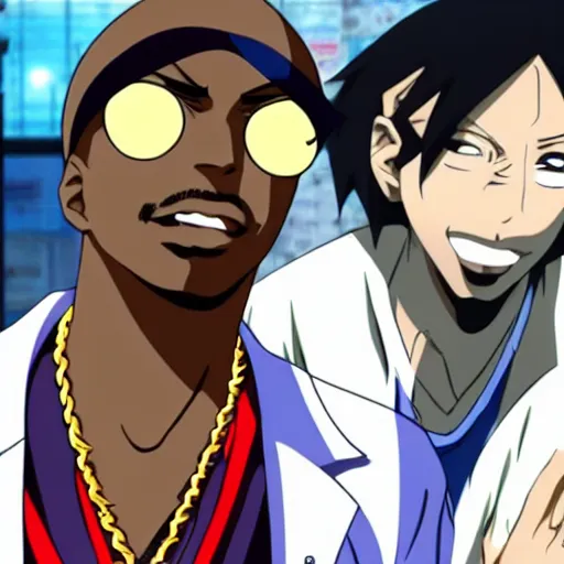 Image similar to Tupac Shakur, screenshot from a 2012s anime