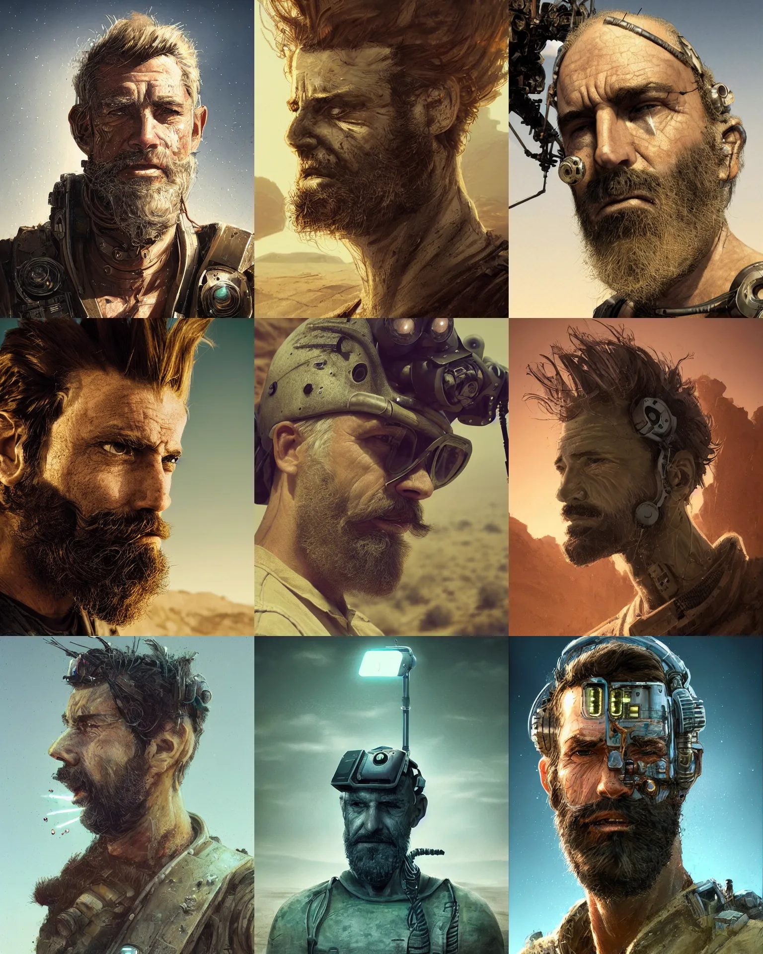 Prompt: a rugged mid aged engineer man with cybernetic enhancements and funky hair lost in the desert, short beard, scifi character portrait by greg rutkowski, esuthio, craig mullins, green eyes, 1 / 4 headshot, cinematic lighting, dystopian scifi gear, gloomy, profile picture, mechanical, half robot, implants, steampunk