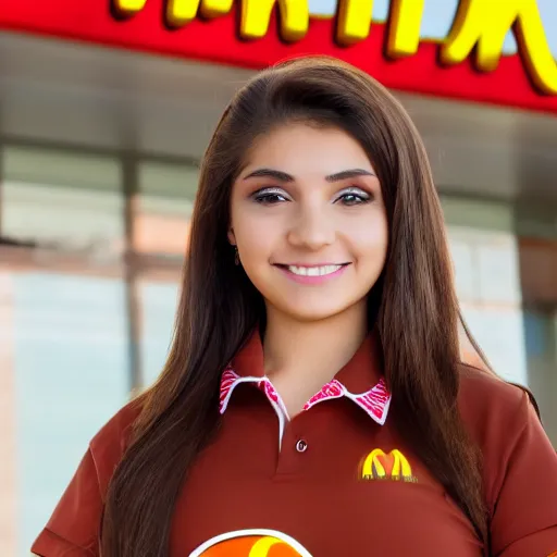 Image similar to 1 8 year old, mexican girl, brown hair brown eyes, in mcdonalds outfit, working, high quality, 8 k,