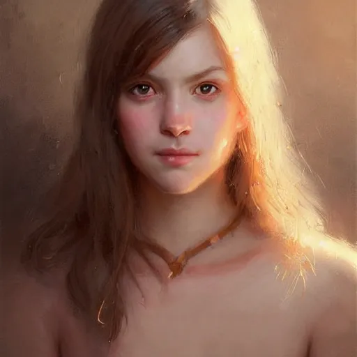 Image similar to Facial portrait of a cute girl, looking at the camera, slight awkward smile, lips slightly parted, no hands visible, blushing, intricate, extremely detailed painting by Greg Rutkowski and by Henry Justice Ford and by Steve Henderson