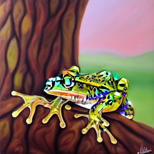 Image similar to beautiful oil painting of common frog sitting on a tree, day light, sunlight swamp, award - winning, matte,