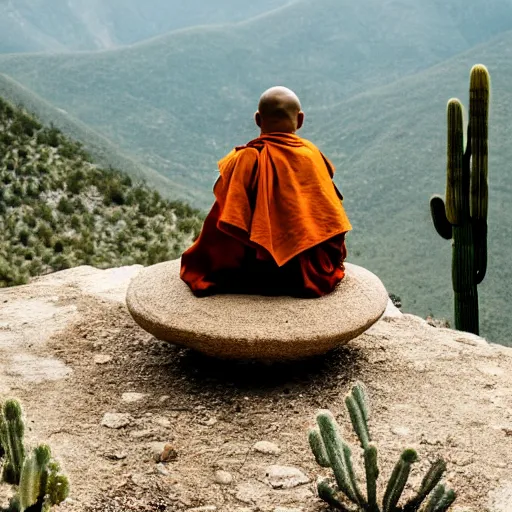 Prompt: monk sitting on a cactus chair on a mountaintop