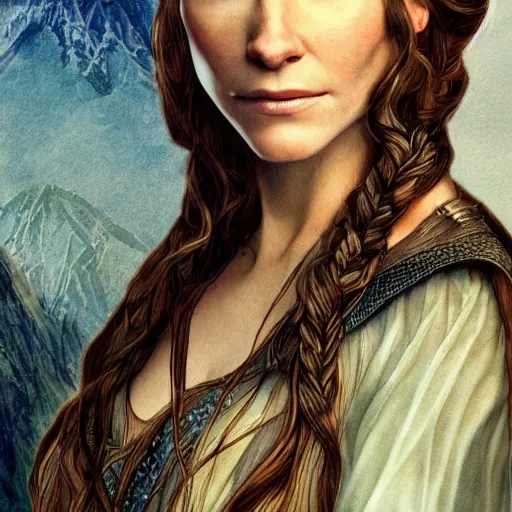 Prompt: evangeline lilly as tauriel, mucha style,