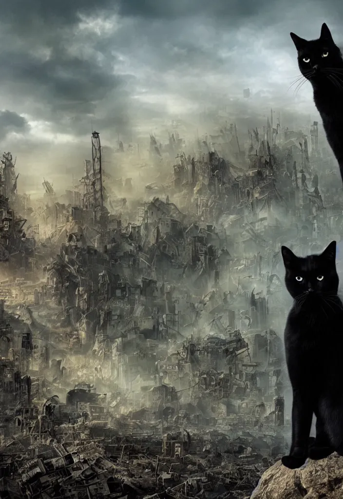 Image similar to A black cat standing on a rock, in the background is a destroyed dystopian city with mist, steampunk, digital art, very detailed, movie poster made by drew struzan, realistic