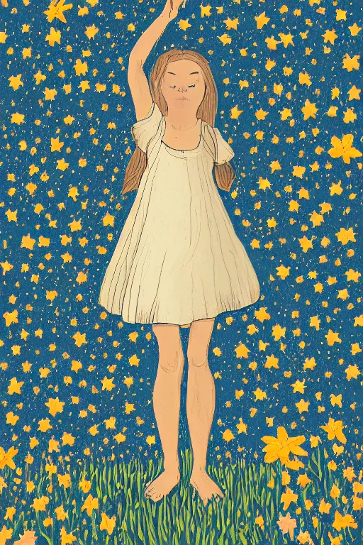 Image similar to illustration of a girl standing in a field of wild flowers gazing up to stars and milkyway, foreshortening