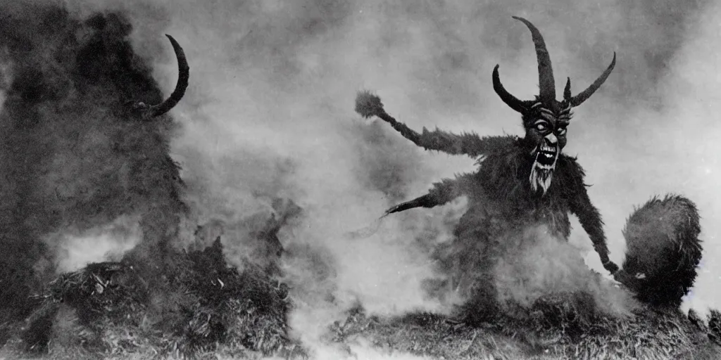 Image similar to 1 9 2 0 s photography of krampus hay monster burning, dolomites