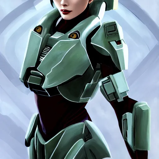 Image similar to A combination of Ada Wong's and Grace Kelly's and Ashley Greene's appearances with blonde hair wearing Master Chief's armor from Halo, high tech, action shot, angular, full body portrait, futuristic, dramatic, fantasy, intricate, elegant, highly detailed, digital painting, artstation, concept art, matte, sharp focus, illustration, 8K, art by Donato Giancola and James Gurney