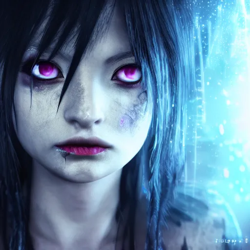 Image similar to photorealistic full shot of masterpiece angry darkness anime girl, beautifull lovely eyes, electric aura with particles, darkness background, inspired by tim burton, detailed, unreal engine 4 k, volumetric light, fog