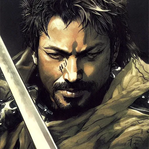 Image similar to portrait of a hero holding his sword in front of his face by yoji shinkawa, high quality, extra details, realism