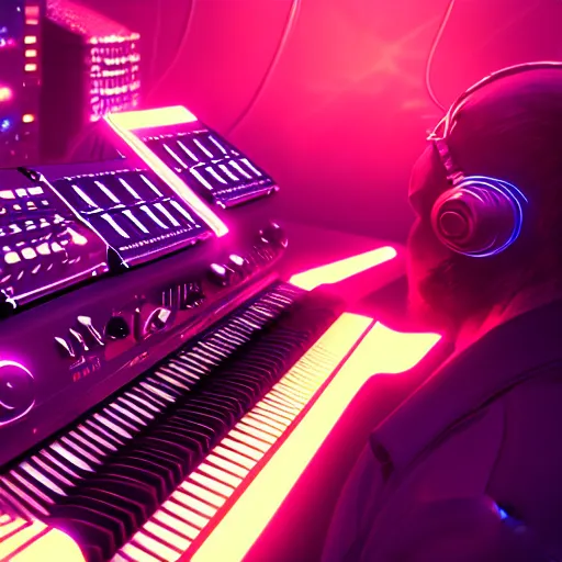 Prompt: photo of a cyberpunk composer playing multiple synthesizers, trending on artstation, symmetrical, frustrated face, cinematic, hyperrealism, high detail, octane render, 8k, unreal engine 5