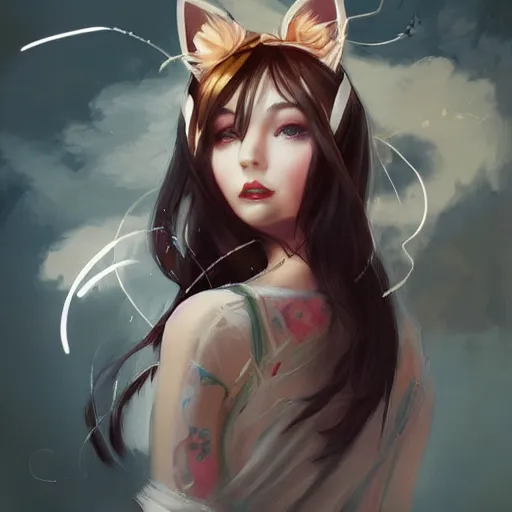 Image similar to alchemyst girl with cat ears, by WLOP, by Artgerm, by Michael Garmash, by Rob Rey, digital art, trending on artstation, beautiful lightning, atmospheric