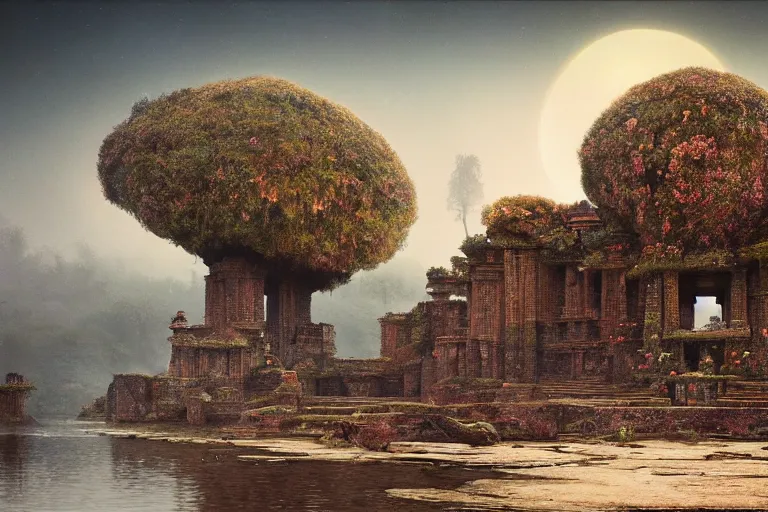 Image similar to photography of a beautiful archipelago of never seen before stunning ancient indian temple and palaces. complex intricate pilars patern, runes. trees water and flowers. afternoon light inspiring science fiction, intricate, elegant, uplifting, inspirational, highly detailed by beksinski and simon stalenhag