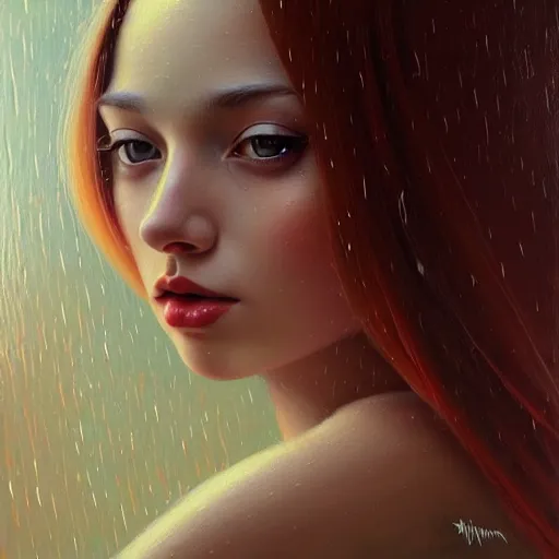 Image similar to highly detailed painting of a beautiful young woman, dancing in the rain, intricate, high quality oil painting artstyle, in the style of anna dittmann, deviantart, figurative art, deviantart, ilya kuvshinov, lovecraftian, very detailed face, portrait