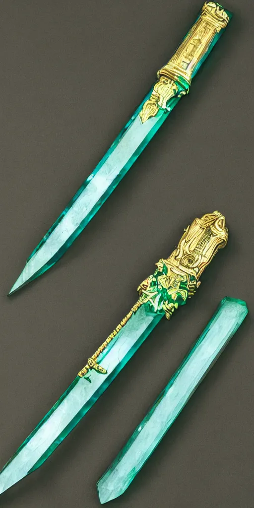 Image similar to photograph of a wide green and teal crystal sword with a big gold sword hilt