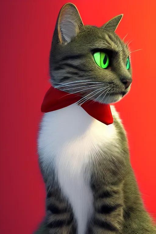 Image similar to a cat wearing a red and green formal overcoat, hyperrealistic, concept art, octane render, unreal engine 5, realistic and defined face, profile picture, digital art, pixar and disney, symmetrical, high quality, highly detailed, high coherence, path traced, house background, low contrast, beautiful