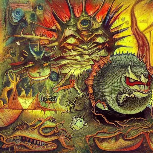 Image similar to demonic sandshrew concept art jacek yerka jackson pollock basquiat chris cold Vladimir Tretchikoff kitsch