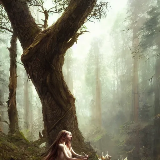 Prompt: 'portrait of a wood-elf surrounded by animals in the woods, art by Greg Rutkowski, 4k'