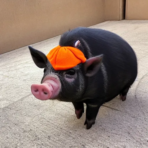 Image similar to cute mini pig wearing orange inmate clothes