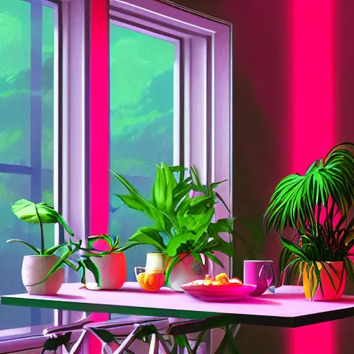 Image similar to glowing pink neon spheres, on a table with plants, vignette, digital art by Thomas Cole and John Harris, trending on artstation